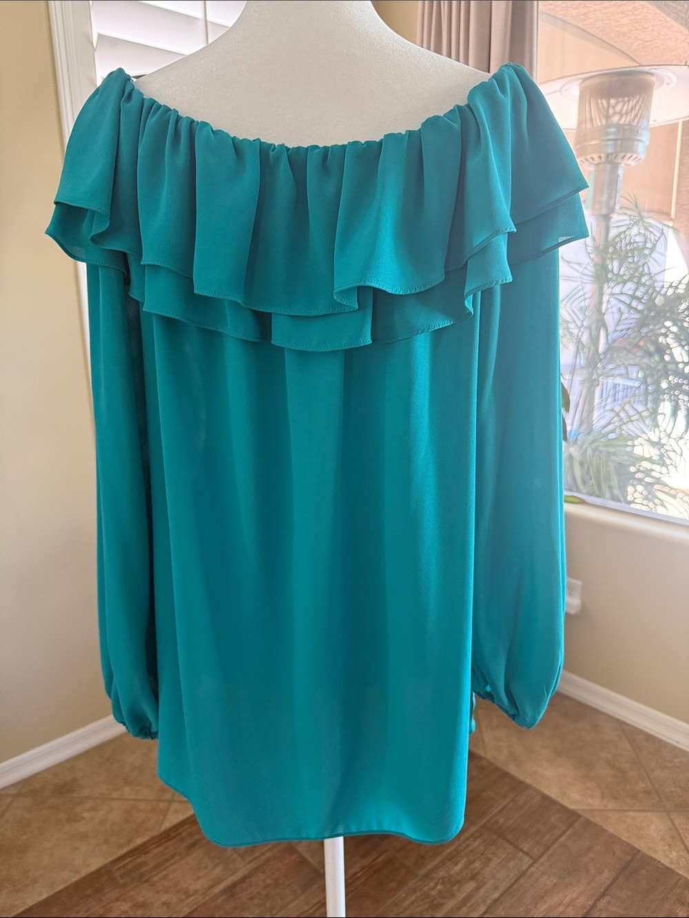 Michael Kors Women's Teal Off-the-Shoulder Ruffle Blouse - Picture 5 of 6